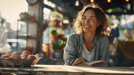 happy woman enjoys a sunny day at an outdoor market, surrounded by fresh produce, radiating positivity and lifestyle wellness