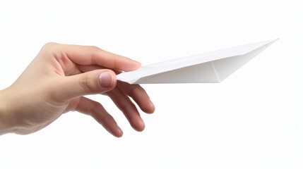 A hand holding a paper plane is seen in an isolated image.