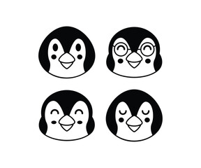 cute penguin face animal happy smile cartoon character icon vector design simple black white illustration collections sets