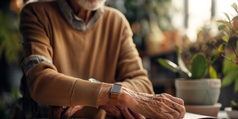  Close-up of an elderly man's hands checking a smartwatch, surrounded by indoor plants, symbolizing technology meeting tradition - Powered by Adobe