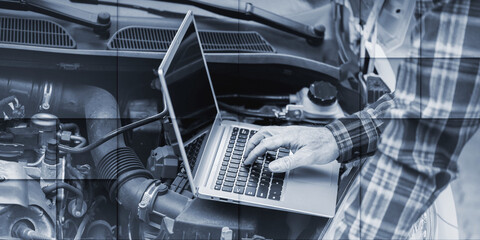 Mechanic using laptop for checking car engine, geometric pattern