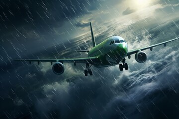 Airplane in flight facing turbulent weather, with rain and dark clouds