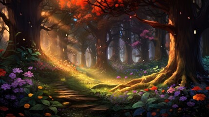 Obraz premium Enchanted forest watercolor illustration - Generative AI. Forest, tree, colorful, flowers, sunbeams.