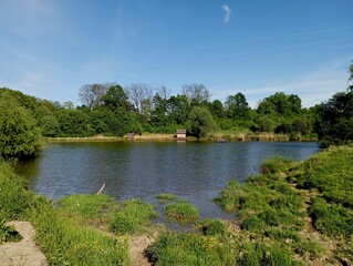 A beautiful lake on the opposite bank of which there are holiday homes. The banks of a pond with clear water are covered with green grass. Beautiful landscape on the reservoir.