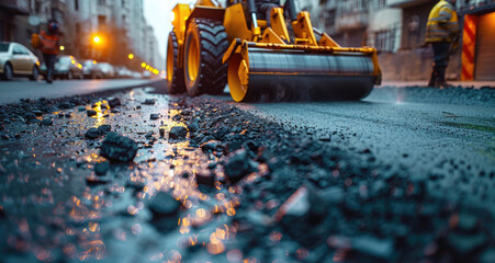 New Asphalt Road Construction. Road Workers and Construction Machinery on the Construction Site