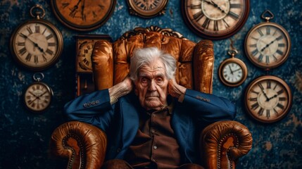 Elderly Man Surrounded by Antique Clocks in a Vintage Room
