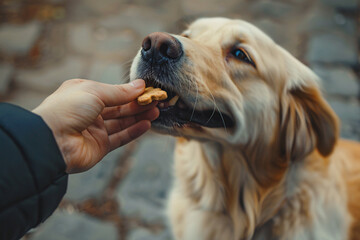 Human giving dog treat to dog