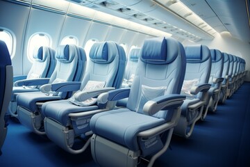 Empty blue seats line the aisle of a commercial aircraft cabin, offering a serene travel setting