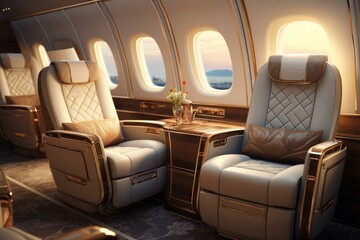 Elegant cabin of a private jet with plush seats and scenic views as the sun sets
