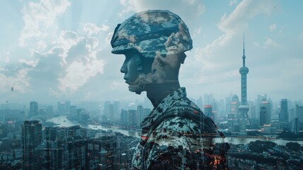 Soldier digitally integrated with urban landscape depicting modern warfare concepts