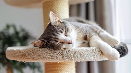 Feline lounging peacefully on a cozy perch in a cat tower, enjoying a catnap.