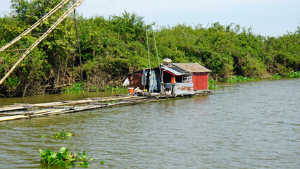 fisherman boat on the tonle sap river in cambodia