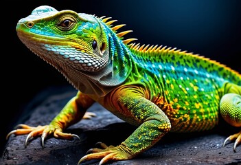 Fototapeta premium Serene Lizard in Prayer: A High-Detail Photo of a Silky Lizard in a Dark Room