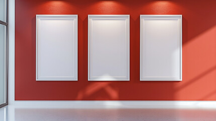 Three white frames on a light polished red wall, spotlighted to create a focal point in a modern space.