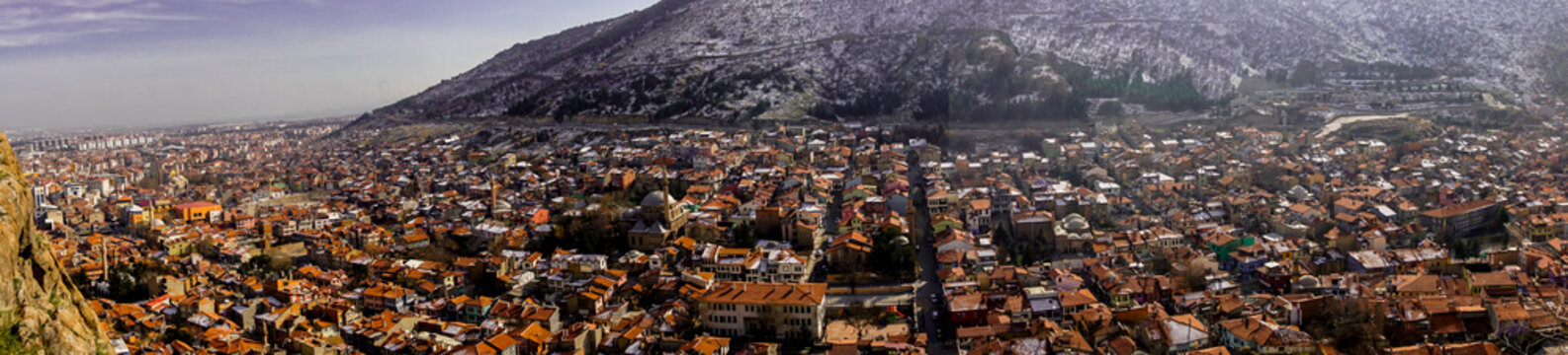 4 February 2024 Afyonkarahisar Turkey. Afyonkarahisar castle and Afyon cityscape from castle on a cloudy winter day
