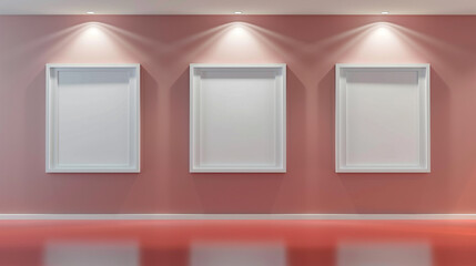 Three white art frames on a light red polished wall, each spotlighted to highlight minimalist elegance.