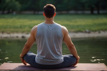 Fototapeta premium person meditating on the beach, man doing yoga in the front of river 