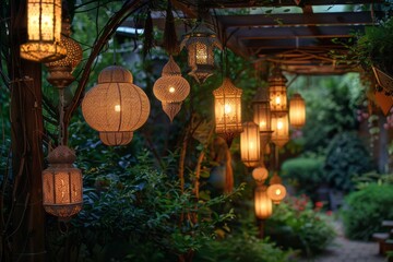 A row of lanterns in various shapes and sizes are hanging from a wooden structure.