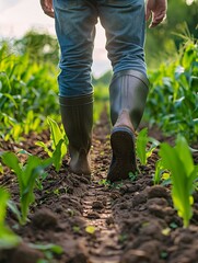 Fototapeta premium An agricultural professional strolls through fields of crops in rubber footwear, overseeing their growth and development.