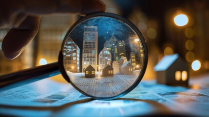 Holding the magnifying glass in front of a newspaper with paper houses could mean renting, searching, or purchasing a home.