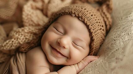 Cute smiling sleeping white caucasian baby boy wearing a hat in bed.