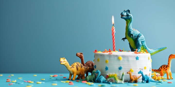 A creative dinosaur-themed birthday cake surrounded by dinosaur figurines and vibrant confetti
