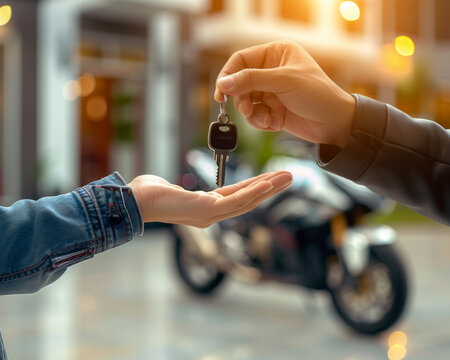 Motorbike dealer giving the keys to a buyer, side view, soft bokeh luxury motorbike in the background.