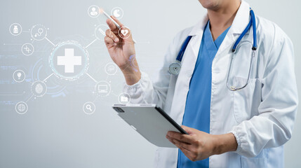Medicine doctor hand working with modern digital tablet computer interface as medical network concept.