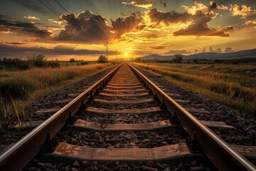 Fototapeta premium Railroad tracks close-up at dusk. Beautiful simple AI generated image in 4K, unique.