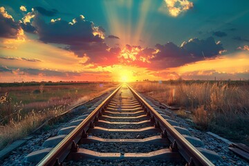 Fototapeta premium Railroad tracks close-up at dusk. Beautiful simple AI generated image in 4K, unique.