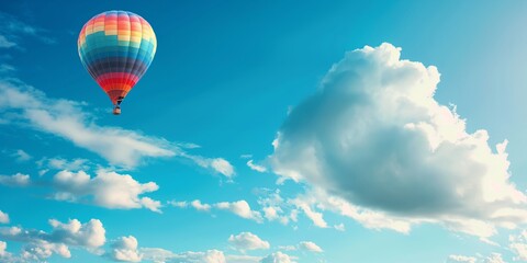 Fototapeta premium A vibrant hot air balloon travels across a clear blue sky dotted with clouds, symbolizing freedom, adventure, and exploration