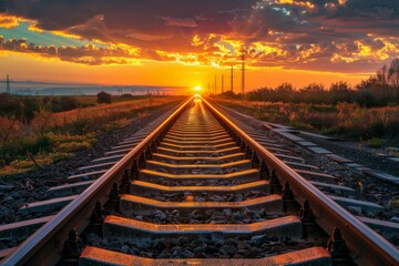 Fototapeta premium Railroad tracks close-up at dusk. Beautiful simple AI generated image in 4K, unique.