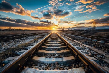Fototapeta premium Railroad tracks close-up at dusk. Beautiful simple AI generated image in 4K, unique.