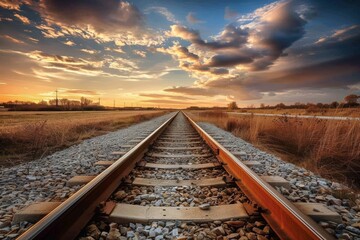 Railroad tracks close-up at dusk. Beautiful simple AI generated image in 4K, unique.