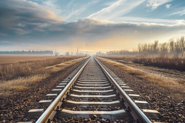 Fototapeta premium Railroad tracks close-up at dusk. Beautiful simple AI generated image in 4K, unique.