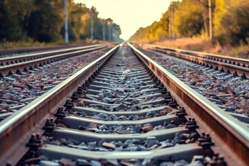 Railroad tracks close-up at dusk. Beautiful simple AI generated image in 4K, unique.