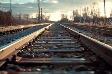 Railroad tracks close-up at dusk. Beautiful simple AI generated image in 4K, unique.