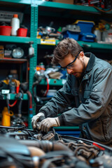 Obraz premium One man professional mechanic work on the car in the garage
