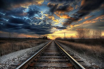 Fototapeta premium Railroad tracks close-up at dusk. Beautiful simple AI generated image in 4K, unique.