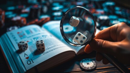 Hand holds magnifying glass in front of notebook containing many icons. Attention is drawn to the dice icon. Casino search, gambling.