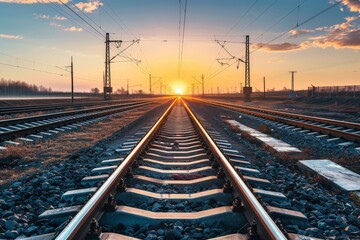 Fototapeta premium Railroad tracks close-up at dusk. Beautiful simple AI generated image in 4K, unique.