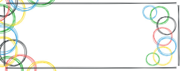 Doodle colored rings frame background. Hand drawn circles sketch. Vector for banner, background, print. Banner template with colored rings and frame. Sport games concept