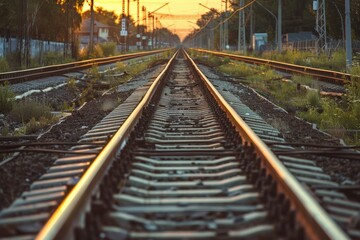 Fototapeta premium Railroad tracks close-up at dusk. Beautiful simple AI generated image in 4K, unique.