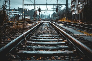 Naklejka premium Railroad tracks close-up at dusk. Beautiful simple AI generated image in 4K, unique.