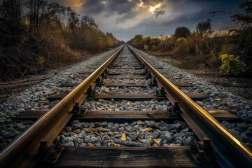 Railroad tracks close-up at dusk. Beautiful simple AI generated image in 4K, unique.