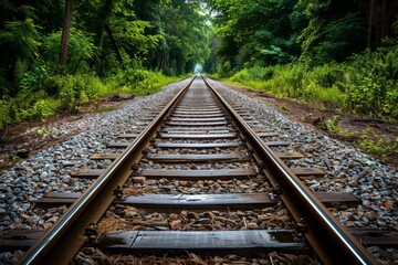 Fototapeta premium Railroad tracks close-up at dusk. Beautiful simple AI generated image in 4K, unique.