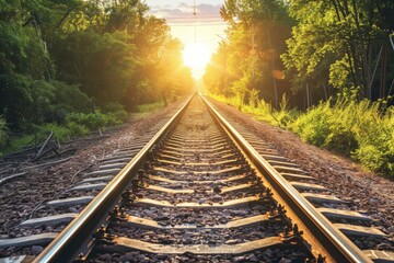 Fototapeta premium Railroad tracks close-up at dusk. Beautiful simple AI generated image in 4K, unique.