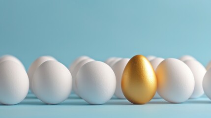 On a blue background, there is a golden egg among white eggs, symbolizing individuality and exclusivity.