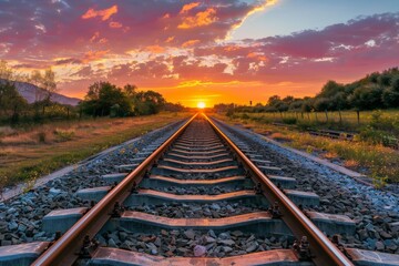Fototapeta premium Railroad tracks close-up at dusk. Beautiful simple AI generated image in 4K, unique.
