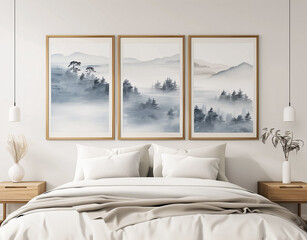Three wooden frames above a bed with foggy nature landscapes in blue and grey colors, on the white wall of a modern bedroom interior with white sheets.